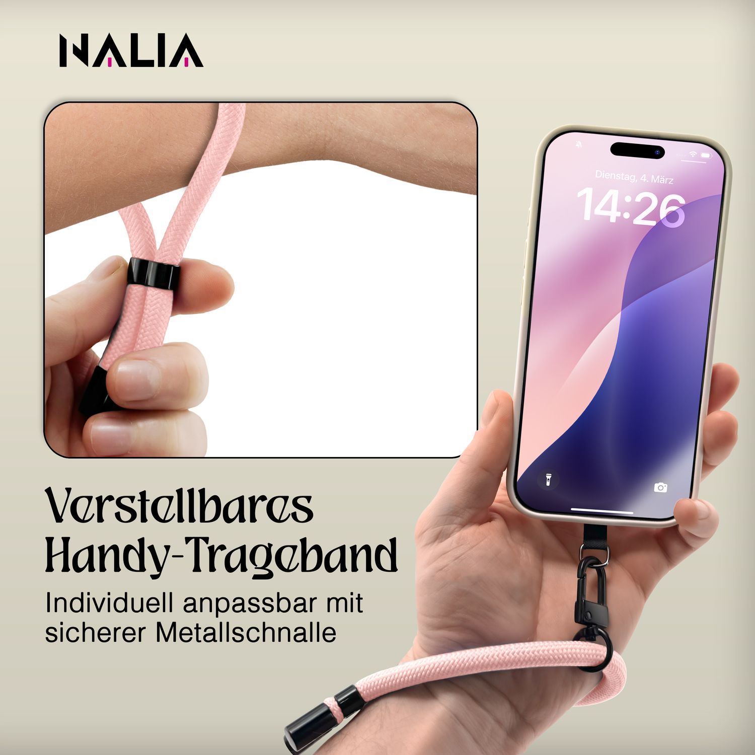 NALIA Wristy Universal Lanyard Handy-Kette für Smartphone & Handyhüllen, Handgelenk-Schlaufe mit Metallkarabiner, Verstellbares Trageband, Anti-Diebstahl Handyband Blossom Rosa NALIA Universal Handykette