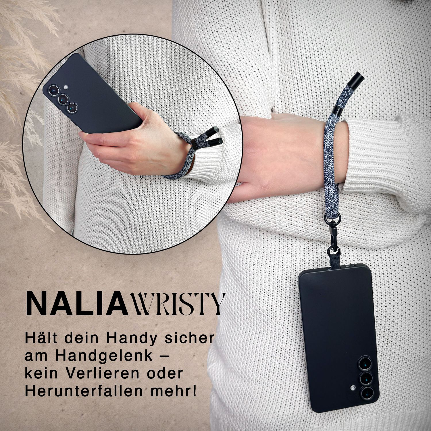 NALIA Wristy Universal Lanyard Handy-Kette für Smartphone & Handyhüllen, Handgelenk-Schlaufe mit Metallkarabiner, Verstellbares Trageband, Anti-Diebstahl Handyband Denim Waves NALIA Universal Handykette
