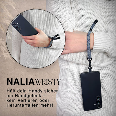 NALIA Universal Handykette Kurz & Kamera-Band – WRISTY (Verstellbare Handgelenkschlaufe inkl. 2 Patches & Feinschlaufe) – Marke aus Berlin Denim Waves NALIA Universal Handykette