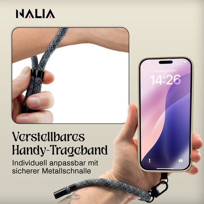 NALIA Wristy Universal Lanyard Handy-Kette für Smartphone & Handyhüllen, Handgelenk-Schlaufe mit Metallkarabiner, Verstellbares Trageband, Anti-Diebstahl Handyband Denim Waves NALIA Universal Handykette