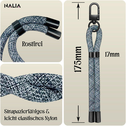 NALIA Wristy Universal Lanyard Handy-Kette für Smartphone & Handyhüllen, Handgelenk-Schlaufe mit Metallkarabiner, Verstellbares Trageband, Anti-Diebstahl Handyband Denim Waves NALIA Universal Handykette