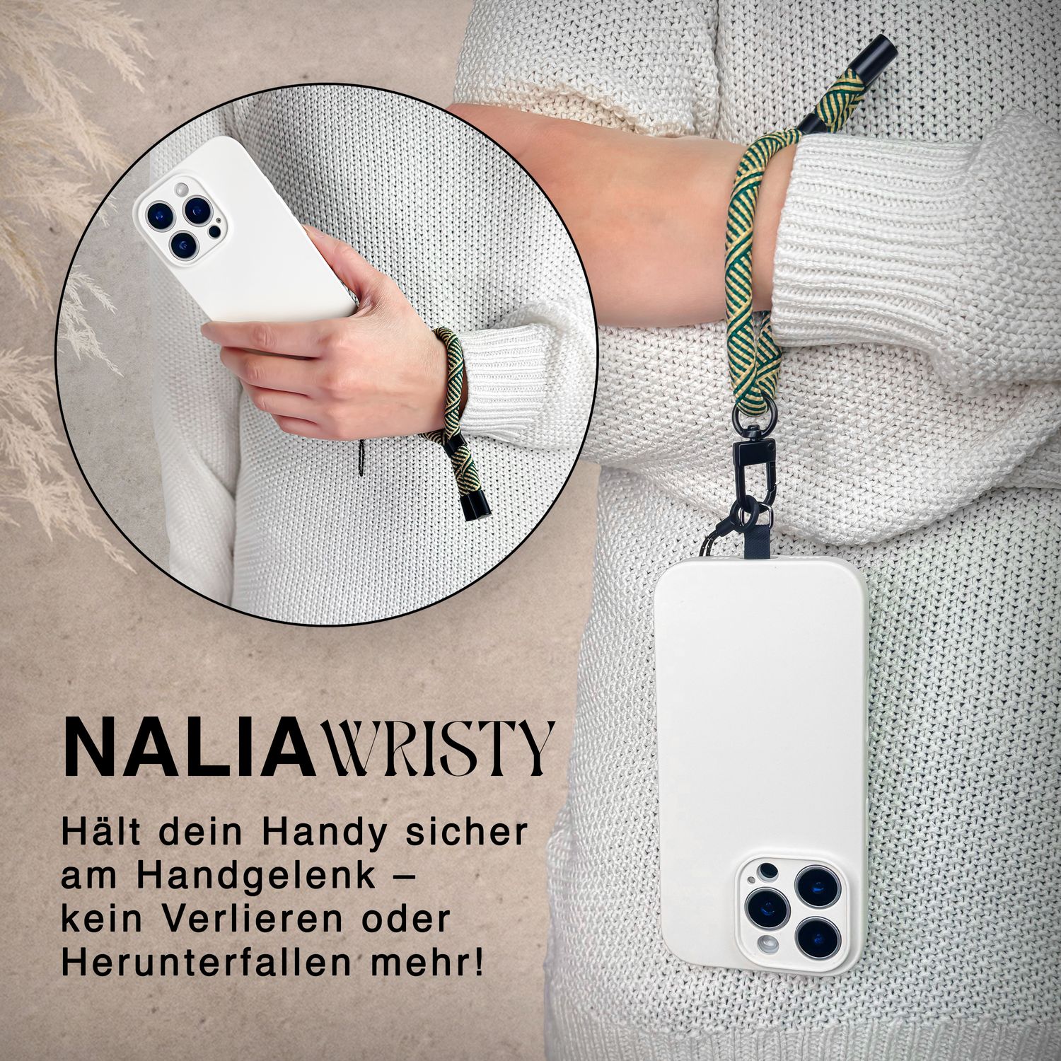 NALIA Wristy Universal Lanyard Handy-Kette für Smartphone & Handyhüllen, Handgelenk-Schlaufe mit Metallkarabiner, Verstellbares Trageband, Anti-Diebstahl Handyband Golden Jungle NALIA Universal Handykette
