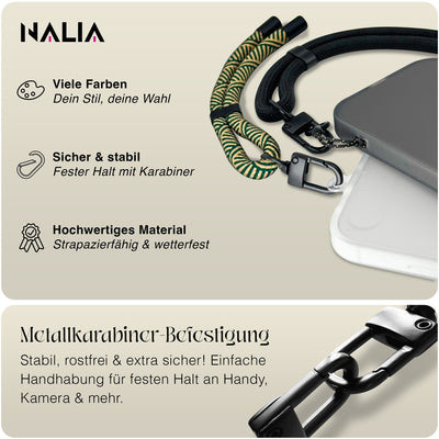 NALIA Universal Handykette Kurz & Kamera-Band – WRISTY (Verstellbare Handgelenkschlaufe inkl. 2 Patches & Feinschlaufe) – Marke aus Berlin Golden Jungle NALIA Universal Handykette