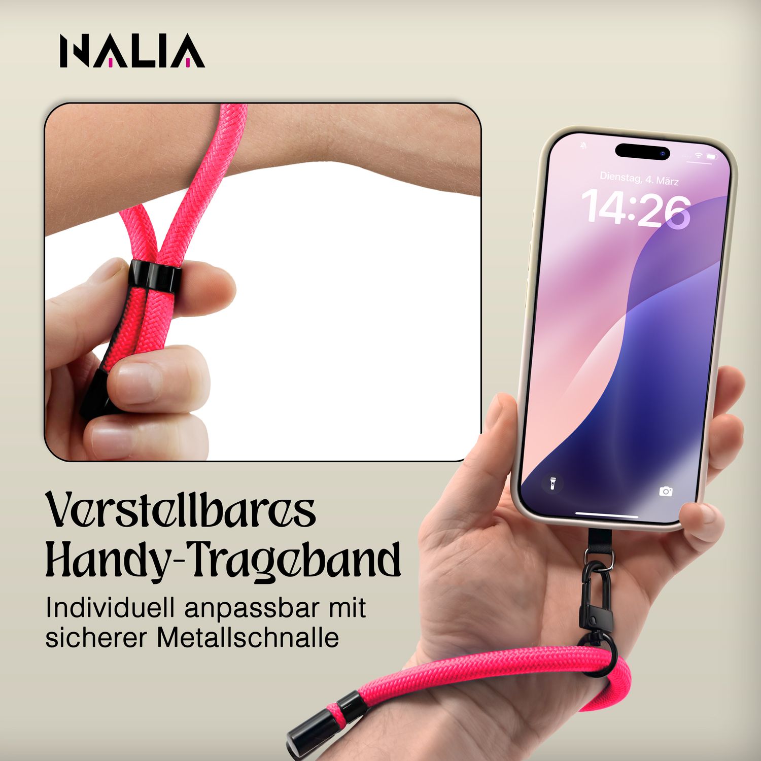 NALIA Wristy Universal Lanyard Handy-Kette für Smartphone & Handyhüllen, Handgelenk-Schlaufe mit Metallkarabiner, Verstellbares Trageband, Anti-Diebstahl Handyband Hot Pink NALIA Universal Handykette