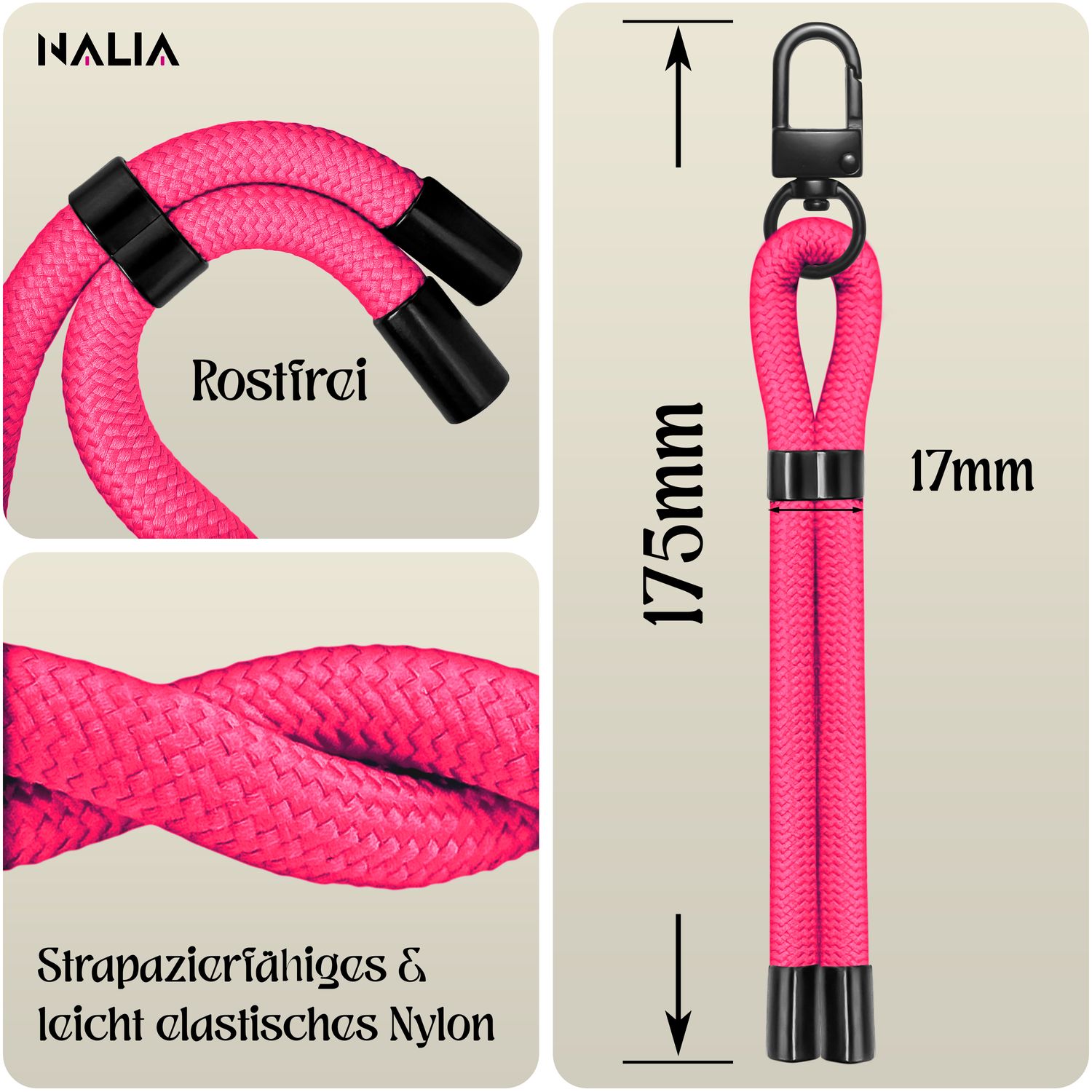 NALIA Wristy Universal Lanyard Handy-Kette für Smartphone & Handyhüllen, Handgelenk-Schlaufe mit Metallkarabiner, Verstellbares Trageband, Anti-Diebstahl Handyband Hot Pink NALIA Universal Handykette