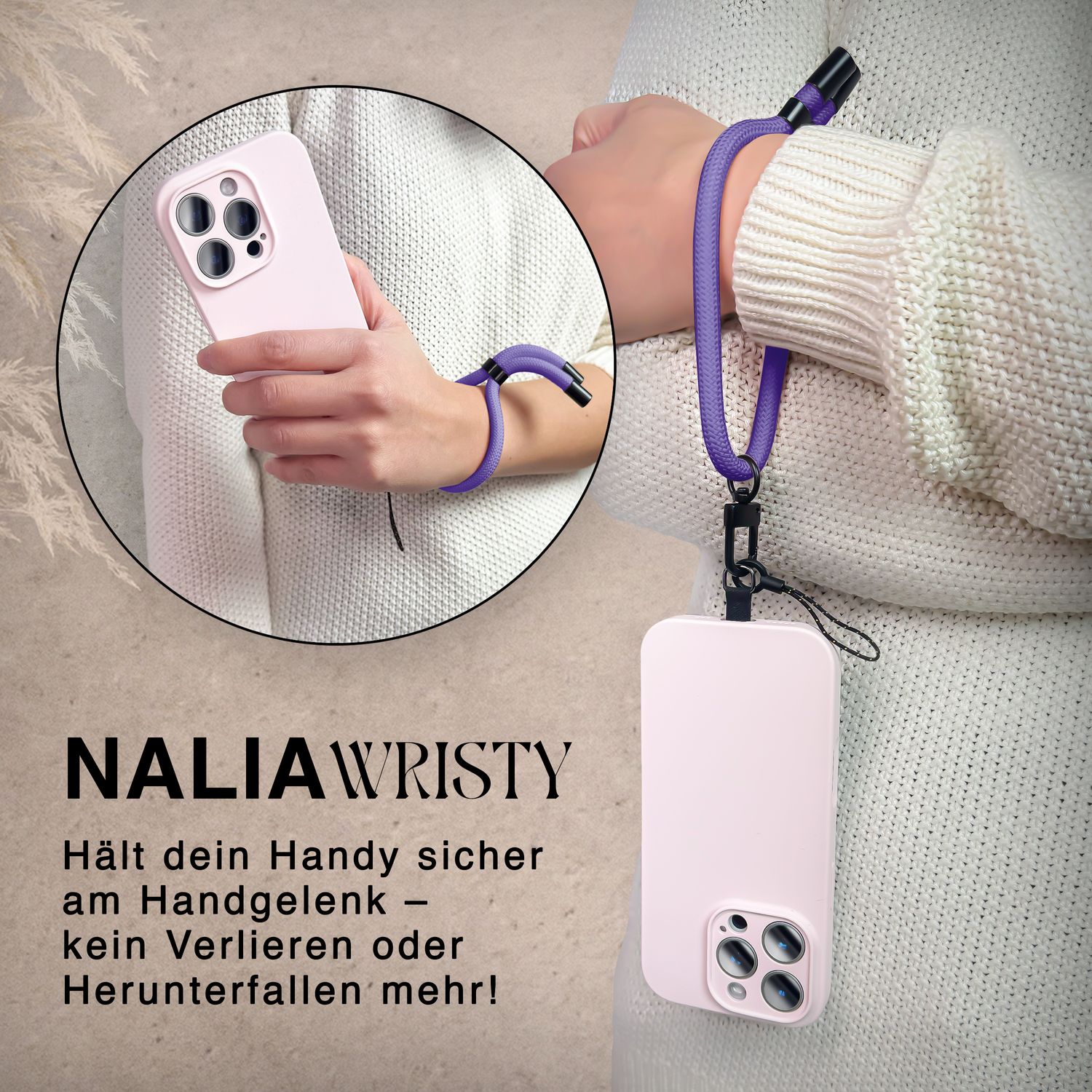 NALIA Wristy Universal Lanyard Handy-Kette für Smartphone & Handyhüllen, Handgelenk-Schlaufe mit Metallkarabiner, Verstellbares Trageband, Anti-Diebstahl Handyband Lavendel Lila NALIA Universal Handykette