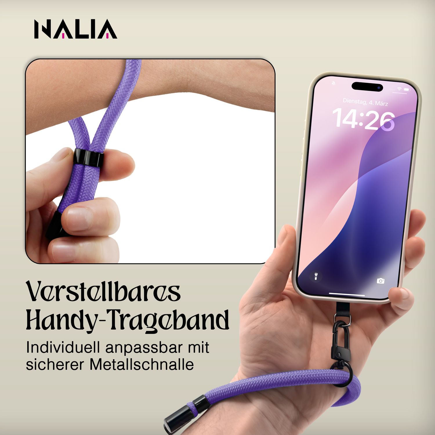 NALIA Wristy Universal Lanyard Handy-Kette für Smartphone & Handyhüllen, Handgelenk-Schlaufe mit Metallkarabiner, Verstellbares Trageband, Anti-Diebstahl Handyband Lavendel Lila NALIA Universal Handykette