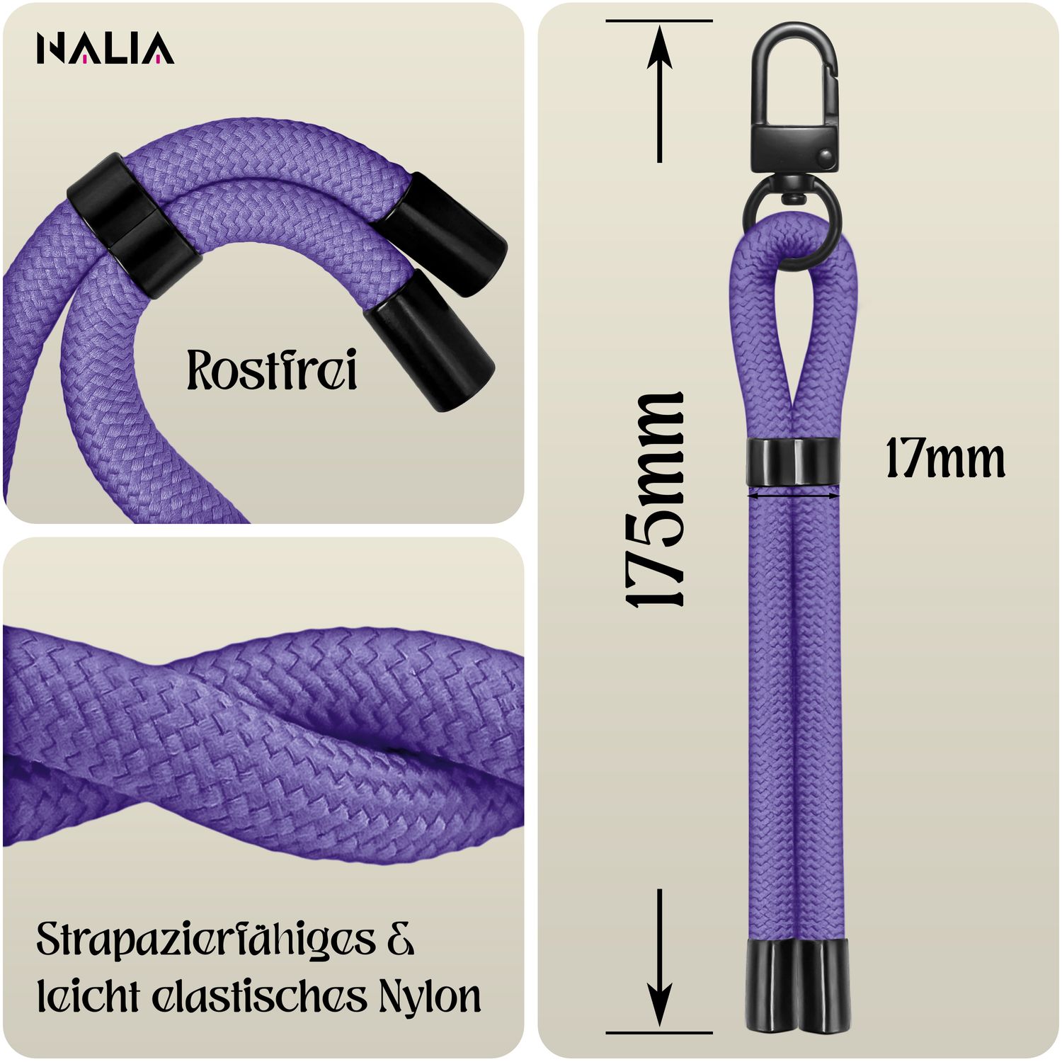 NALIA Wristy Universal Lanyard Handy-Kette für Smartphone & Handyhüllen, Handgelenk-Schlaufe mit Metallkarabiner, Verstellbares Trageband, Anti-Diebstahl Handyband Lavendel Lila NALIA Universal Handykette