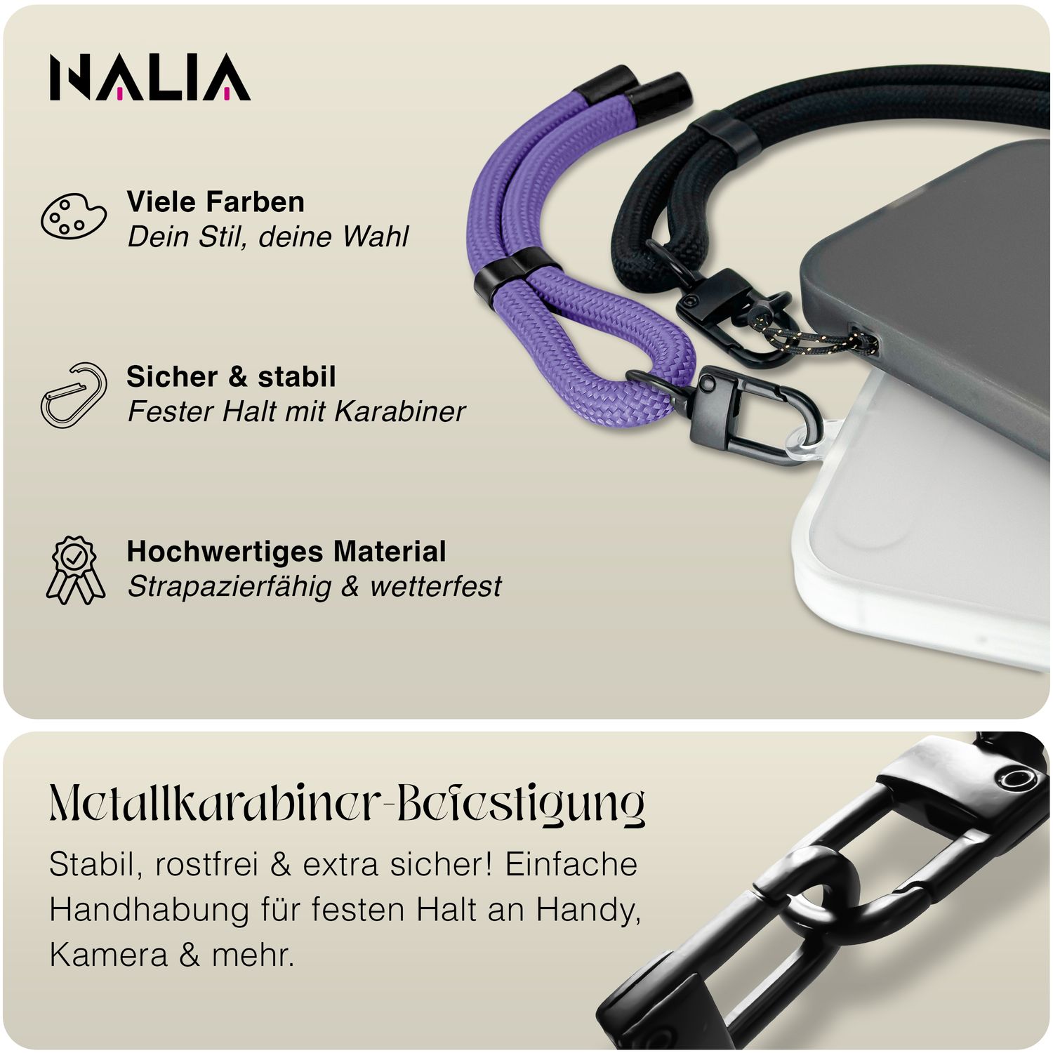 NALIA Wristy Universal Lanyard Handy-Kette für Smartphone & Handyhüllen, Handgelenk-Schlaufe mit Metallkarabiner, Verstellbares Trageband, Anti-Diebstahl Handyband Lavendel Lila NALIA Universal Handykette