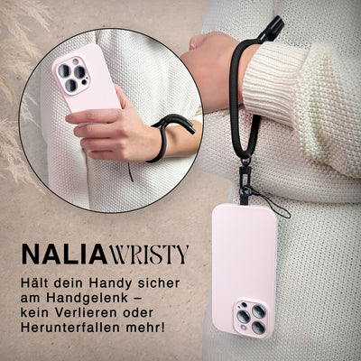 NALIA Universal Handykette Kurz & Kamera-Band – WRISTY (Verstellbare Handgelenkschlaufe inkl. 2 Patches & Feinschlaufe) – Marke aus Berlin Midnight Schwarz NALIA Universal Handykette
