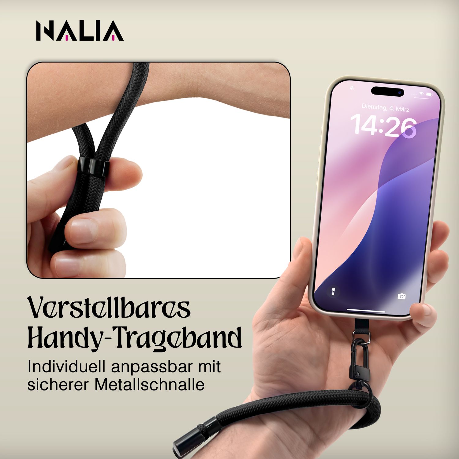 NALIA Wristy Universal Lanyard Handy-Kette für Smartphone & Handyhüllen, Handgelenk-Schlaufe mit Metallkarabiner, Verstellbares Trageband, Anti-Diebstahl Handyband Midnight Schwarz NALIA Universal Handykette