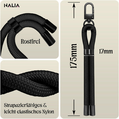 NALIA Universal Handykette Kurz & Kamera-Band – WRISTY (Verstellbare Handgelenkschlaufe inkl. 2 Patches & Feinschlaufe) – Marke aus Berlin Midnight Schwarz NALIA Universal Handykette