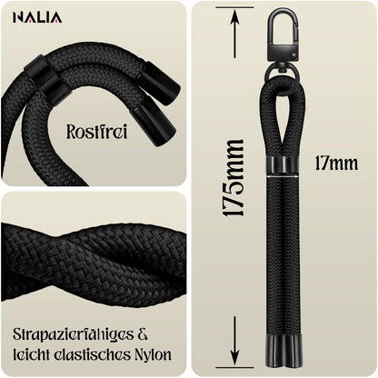 NALIA Wristy Universal Lanyard Handy-Kette für Smartphone & Handyhüllen, Handgelenk-Schlaufe mit Metallkarabiner, Verstellbares Trageband, Anti-Diebstahl Handyband Midnight Schwarz NALIA Universal Handykette
