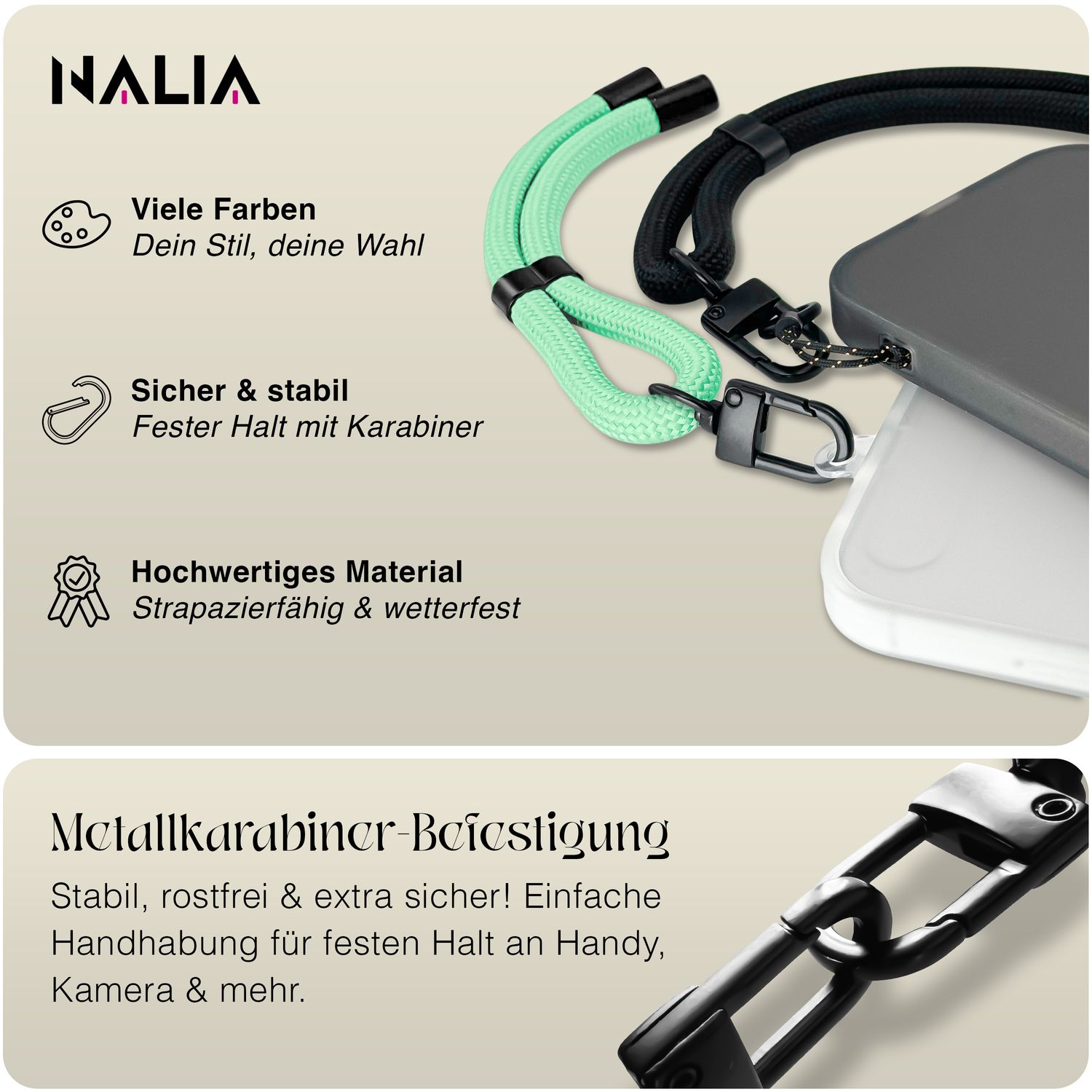 NALIA Wristy Universal Lanyard Handy-Kette für Smartphone & Handyhüllen, Handgelenk-Schlaufe mit Metallkarabiner, Verstellbares Trageband, Anti-Diebstahl Handyband Mint Breeze NALIA Universal Handykette
