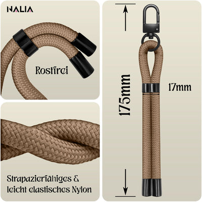 NALIA Universal Handykette Kurz & Kamera-Band – WRISTY (Verstellbare Handgelenkschlaufe inkl. 2 Patches & Feinschlaufe) – Marke aus Berlin Mocha Braun NALIA Universal Handykette