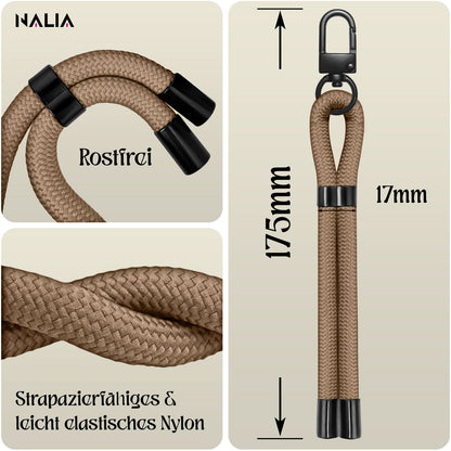 NALIA Wristy Universal Lanyard Handy-Kette für Smartphone & Handyhüllen, Handgelenk-Schlaufe mit Metallkarabiner, Verstellbares Trageband, Anti-Diebstahl Handyband Mocha Braun NALIA Universal Handykette