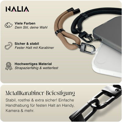 NALIA Universal Handykette Kurz & Kamera-Band – WRISTY (Verstellbare Handgelenkschlaufe inkl. 2 Patches & Feinschlaufe) – Marke aus Berlin Mocha Braun NALIA Universal Handykette