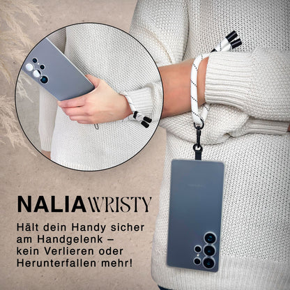 NALIA Wristy Universal Lanyard Handy-Kette für Smartphone & Handyhüllen, Handgelenk-Schlaufe mit Metallkarabiner, Verstellbares Trageband, Anti-Diebstahl Handyband Mono Weiß NALIA Universal Handykette