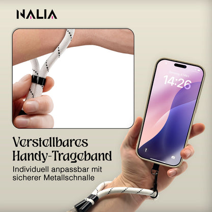 NALIA Wristy Universal Lanyard Handy-Kette für Smartphone & Handyhüllen, Handgelenk-Schlaufe mit Metallkarabiner, Verstellbares Trageband, Anti-Diebstahl Handyband Mono Weiß NALIA Universal Handykette