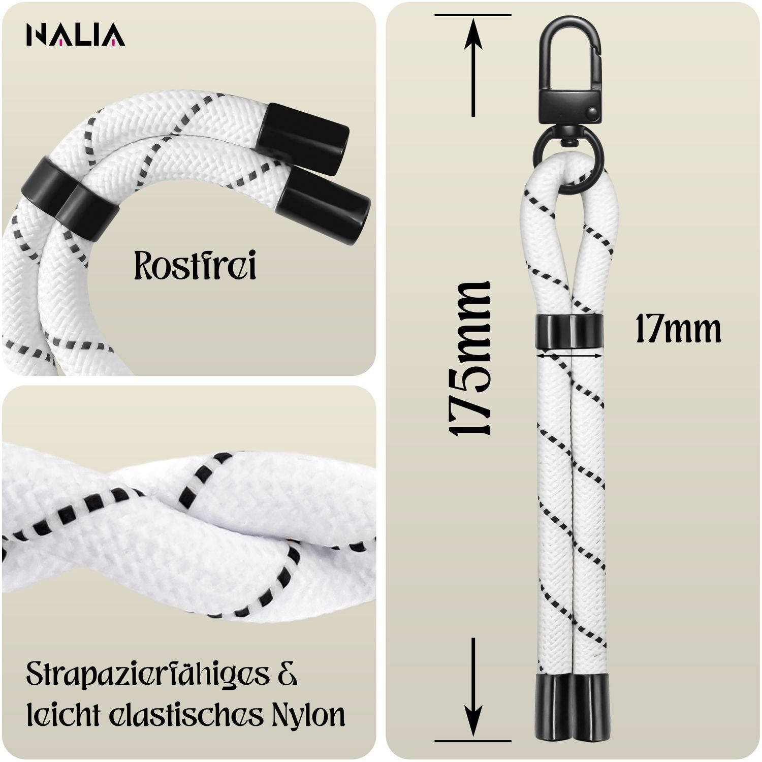 NALIA Wristy Universal Lanyard Handy-Kette für Smartphone & Handyhüllen, Handgelenk-Schlaufe mit Metallkarabiner, Verstellbares Trageband, Anti-Diebstahl Handyband Mono Weiß NALIA Universal Handykette