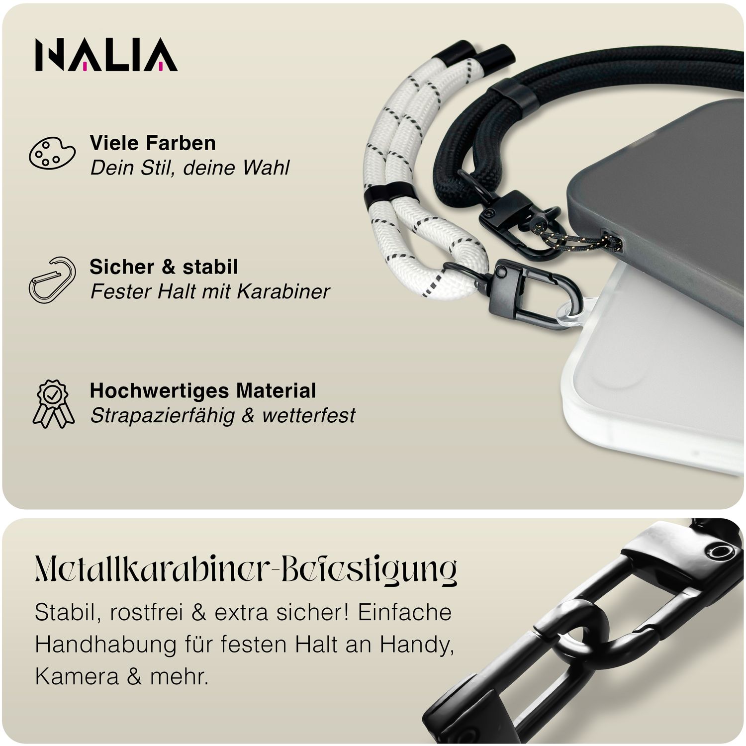 NALIA Wristy Universal Lanyard Handy-Kette für Smartphone & Handyhüllen, Handgelenk-Schlaufe mit Metallkarabiner, Verstellbares Trageband, Anti-Diebstahl Handyband Mono Weiß NALIA Universal Handykette