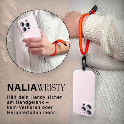 NALIA Universal Handykette Kurz & Kamera-Band – WRISTY (Verstellbare Handgelenkschlaufe inkl. 2 Patches & Feinschlaufe) – Marke aus Berlin Orange Energy NALIA Universal Handykette