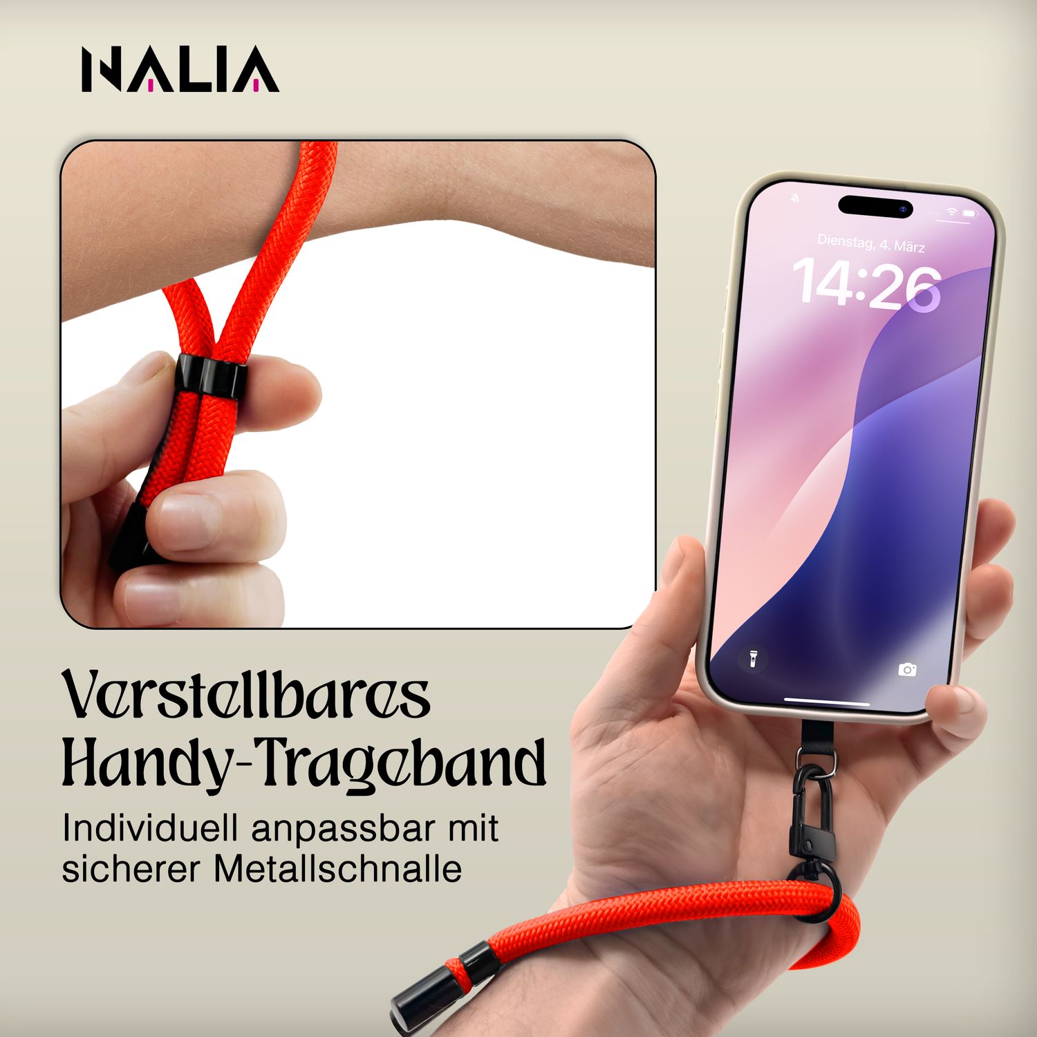 NALIA Wristy Universal Lanyard Handy-Kette für Smartphone & Handyhüllen, Handgelenk-Schlaufe mit Metallkarabiner, Verstellbares Trageband, Anti-Diebstahl Handyband Orange Energy NALIA Universal Handykette