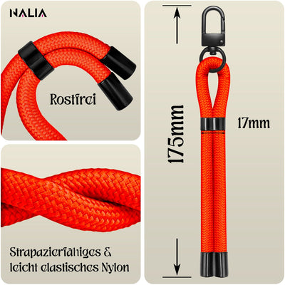NALIA Universal Handykette Kurz & Kamera-Band – WRISTY (Verstellbare Handgelenkschlaufe inkl. 2 Patches & Feinschlaufe) – Marke aus Berlin Orange Energy NALIA Universal Handykette