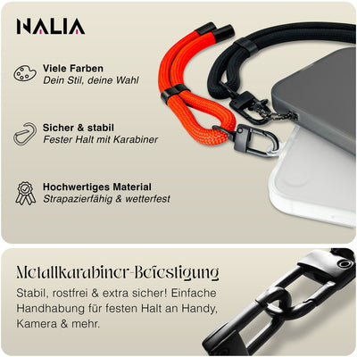 NALIA Universal Handykette Kurz & Kamera-Band – WRISTY (Verstellbare Handgelenkschlaufe inkl. 2 Patches & Feinschlaufe) – Marke aus Berlin Orange Energy NALIA Universal Handykette