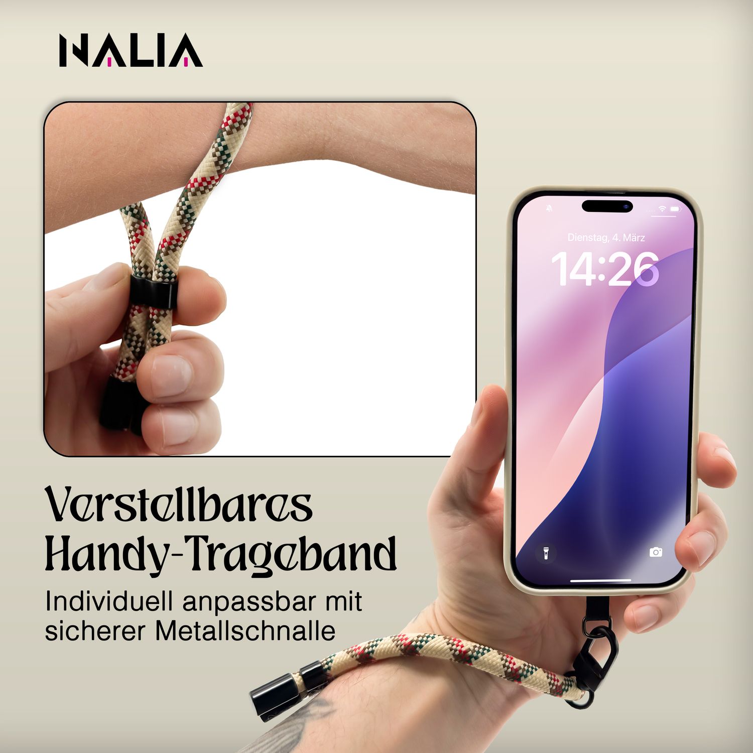 NALIA Wristy Universal Lanyard Handy-Kette für Smartphone & Handyhüllen, Handgelenk-Schlaufe mit Metallkarabiner, Verstellbares Trageband, Anti-Diebstahl Handyband Retro Camo Mix NALIA Universal Handykette