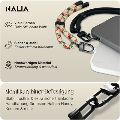 NALIA Universal Handykette Kurz & Kamera-Band – WRISTY (Verstellbare Handgelenkschlaufe inkl. 2 Patches & Feinschlaufe) – Marke aus Berlin Retro Camo Mix NALIA Universal Handykette