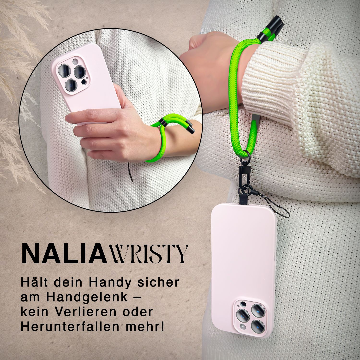 NALIA Wristy Universal Lanyard Handy-Kette für Smartphone & Handyhüllen, Handgelenk-Schlaufe mit Metallkarabiner, Verstellbares Trageband, Anti-Diebstahl Handyband Toxic Lime Grün NALIA Universal Handykette