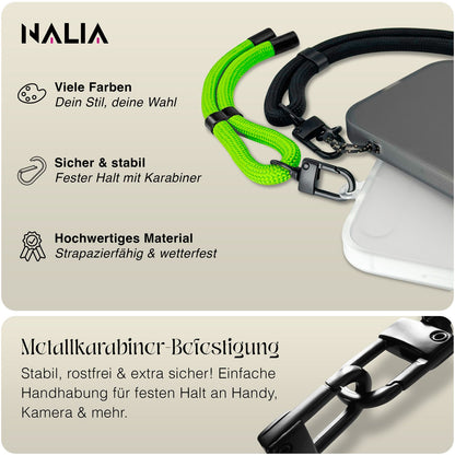 NALIA Wristy Universal Lanyard Handy-Kette für Smartphone & Handyhüllen, Handgelenk-Schlaufe mit Metallkarabiner, Verstellbares Trageband, Anti-Diebstahl Handyband Toxic Lime Grün NALIA Universal Handykette