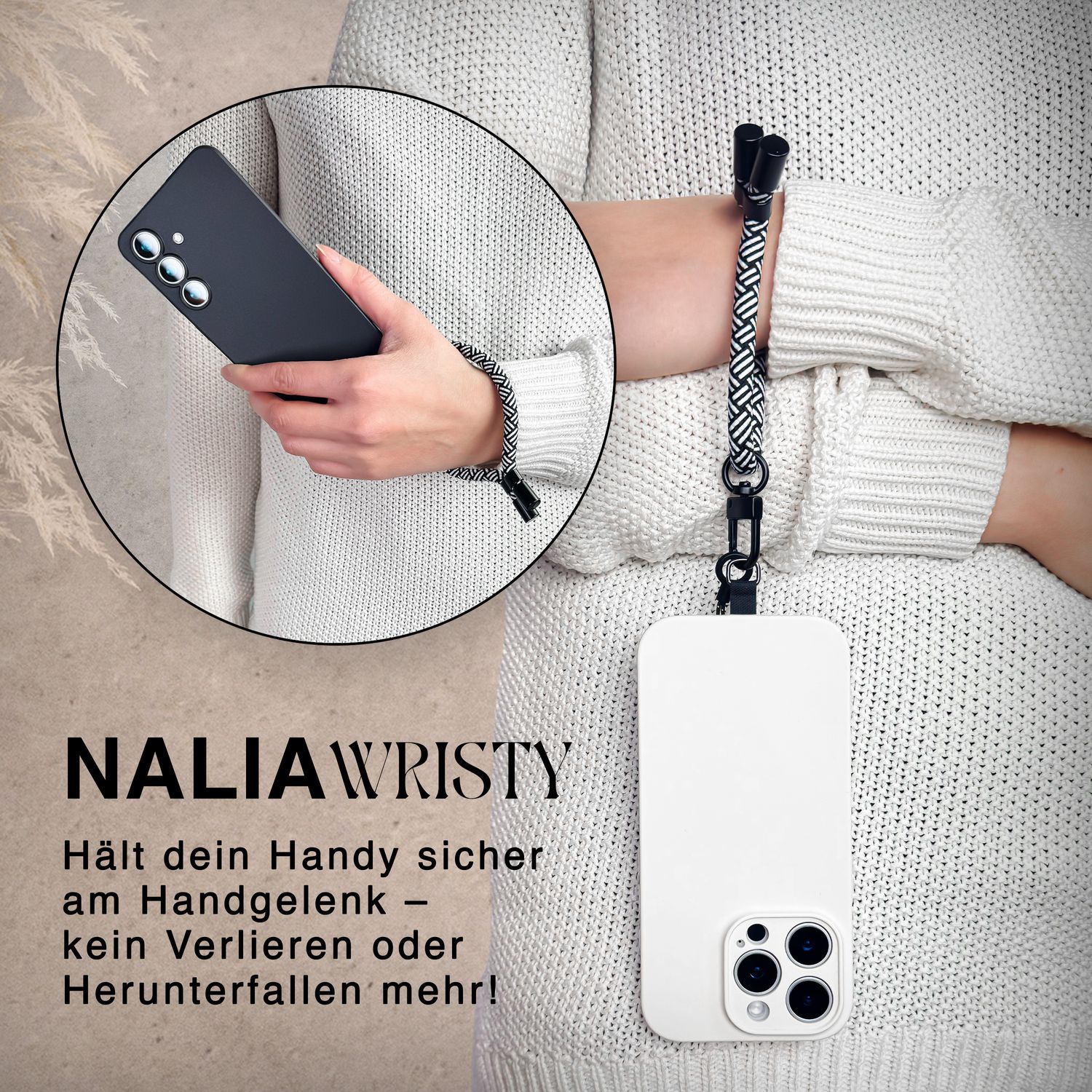NALIA Wristy Universal Lanyard Handy-Kette für Smartphone & Handyhüllen, Handgelenk-Schlaufe mit Metallkarabiner, Verstellbares Trageband, Anti-Diebstahl Handyband Zebra Vibes NALIA Universal Handykette