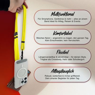 NALIA Universal Handykette für alle Smartphones – Premium Komfort-Nylon & 2 Patches – HOLDME (Geflochtenes Lanyard mit Mattschwarzem Karabiner) – Marke aus Berlin