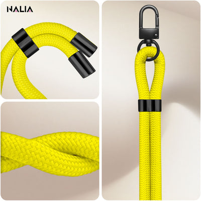 NALIA Universal Handykette für alle Smartphones – Premium Komfort-Nylon & 2 Patches – HOLDME (Geflochtenes Lanyard mit Mattschwarzem Karabiner) – Marke aus Berlin