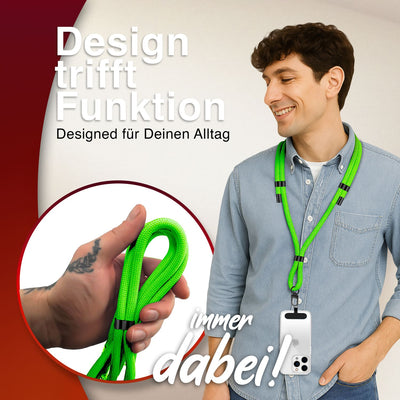 NALIA Universal Handykette für alle Smartphones – Premium Komfort-Nylon & 2 Patches – HOLDME (Geflochtenes Lanyard mit Mattschwarzem Karabiner) – Marke aus Berlin