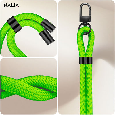 NALIA Universal Handykette für alle Smartphones – Premium Komfort-Nylon & 2 Patches – HOLDME (Geflochtenes Lanyard mit Mattschwarzem Karabiner) – Marke aus Berlin