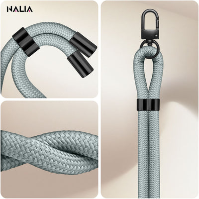 NALIA Universal Handykette für alle Smartphones – Premium Komfort-Nylon & 2 Patches – HOLDME (Geflochtenes Lanyard mit Mattschwarzem Karabiner) – Marke aus Berlin