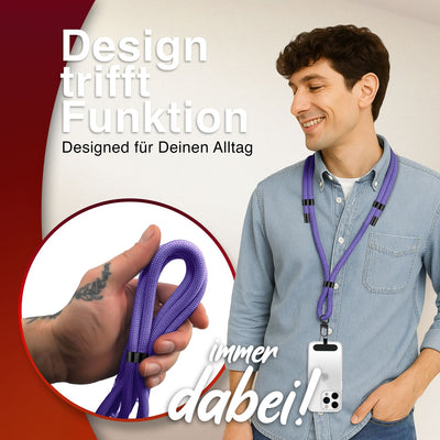 NALIA Universal Handykette für alle Smartphones – Premium Komfort-Nylon & 2 Patches – HOLDME (Geflochtenes Lanyard mit Mattschwarzem Karabiner) – Marke aus Berlin
