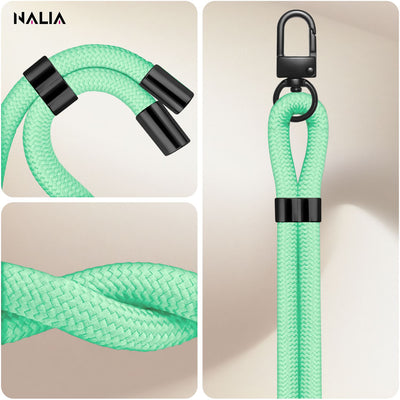 NALIA Universal Handykette für alle Smartphones – Premium Komfort-Nylon & 2 Patches – HOLDME (Geflochtenes Lanyard mit Mattschwarzem Karabiner) – Marke aus Berlin