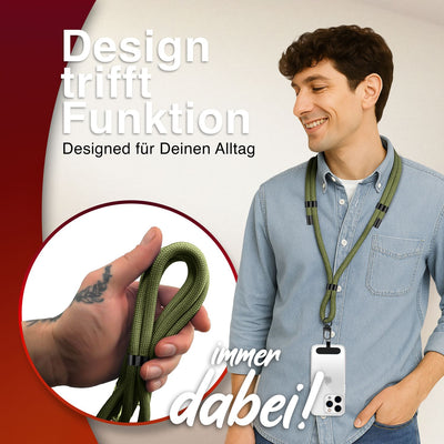NALIA Universal Handykette für alle Smartphones – Premium Komfort-Nylon & 2 Patches – HOLDME (Geflochtenes Lanyard mit Mattschwarzem Karabiner) – Marke aus Berlin