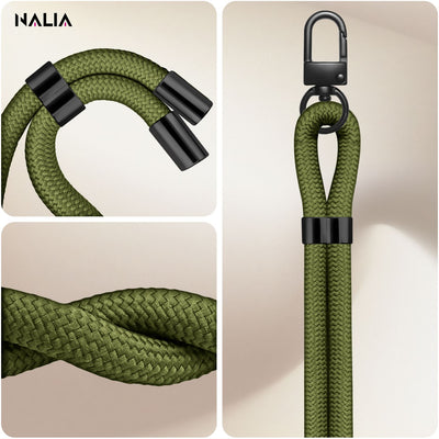 NALIA Universal Handykette für alle Smartphones – Premium Komfort-Nylon & 2 Patches – HOLDME (Geflochtenes Lanyard mit Mattschwarzem Karabiner) – Marke aus Berlin
