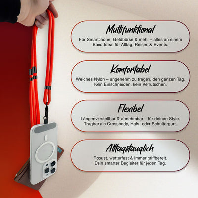 NALIA Universal Handykette für alle Smartphones – Premium Komfort-Nylon & 2 Patches – HOLDME (Geflochtenes Lanyard mit Mattschwarzem Karabiner) – Marke aus Berlin