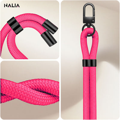 NALIA Universal Handykette für alle Smartphones – Premium Komfort-Nylon & 2 Patches – HOLDME (Geflochtenes Lanyard mit Mattschwarzem Karabiner) – Marke aus Berlin