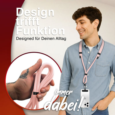 NALIA Universal Handykette für alle Smartphones – Premium Komfort-Nylon & 2 Patches – HOLDME (Geflochtenes Lanyard mit Mattschwarzem Karabiner) – Marke aus Berlin