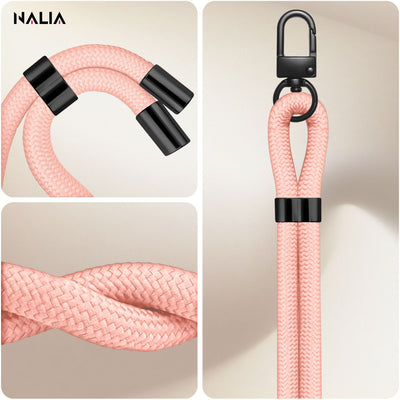 NALIA Universal Handykette für alle Smartphones – Premium Komfort-Nylon & 2 Patches – HOLDME (Geflochtenes Lanyard mit Mattschwarzem Karabiner) – Marke aus Berlin