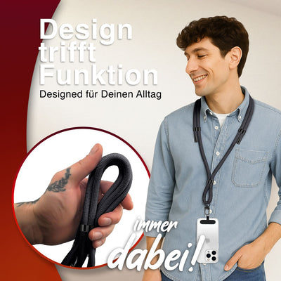 NALIA Universal Handykette für alle Smartphones – Premium Komfort-Nylon & 2 Patches – HOLDME (Geflochtenes Lanyard mit Mattschwarzem Karabiner) – Marke aus Berlin