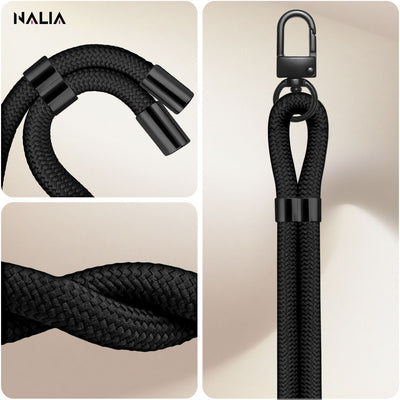 NALIA Universal Handykette für alle Smartphones – Premium Komfort-Nylon & 2 Patches – HOLDME (Geflochtenes Lanyard mit Mattschwarzem Karabiner) – Marke aus Berlin