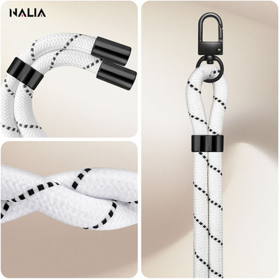 NALIA Universal Handykette für alle Smartphones – Premium Komfort-Nylon & 2 Patches – HOLDME (Geflochtenes Lanyard mit Mattschwarzem Karabiner) – Marke aus Berlin